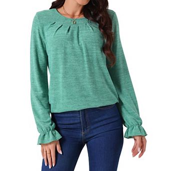 Women's Fall Winter Crew Neck Long Sleeve Elastic Cuff Casual Blouse Tops