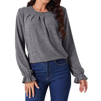 Women's Fall Winter Crew Neck Long Sleeve Elastic Cuff Casual Blouse Tops