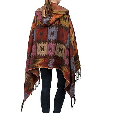 Glitzhome 78.35"L Patterned Poncho Shawl Hoodie w/2 Button Closure and Tassels, 440g