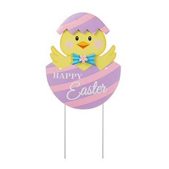Glitzhome 24"H Easter Metal Chick Egg Yard Stake with Fancy Hatched Chick Shape