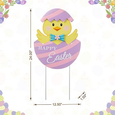 Glitzhome 24"H Easter Metal Chick Egg Yard Stake with Fancy Hatched Chick Shape