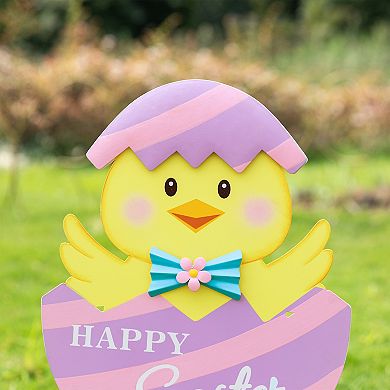 Glitzhome 24"H Easter Metal Chick Egg Yard Stake with Fancy Hatched Chick Shape