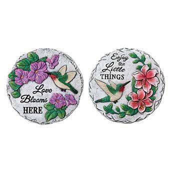 Glitzhome 10"D Set of 2 Cement Hummingbird and Flower Textured Stepping Stones