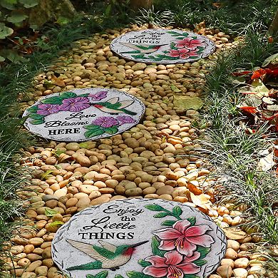 Glitzhome 10"D Set of 2 Cement Hummingbird and Flower Textured Stepping Stones