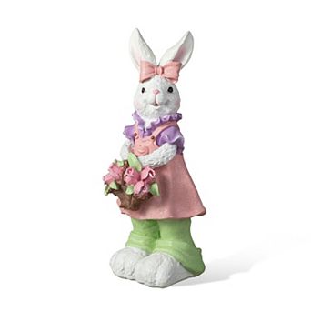 Glitzhome 17.5"H Easter Resin Bunny Girl Table Decor with Flower Basket
