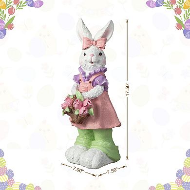 Glitzhome 17.5"H Easter Resin Bunny Girl Table Decor with Flower Basket