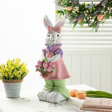 Glitzhome 17.5"H Easter Resin Bunny Girl Table Decor with Flower Basket