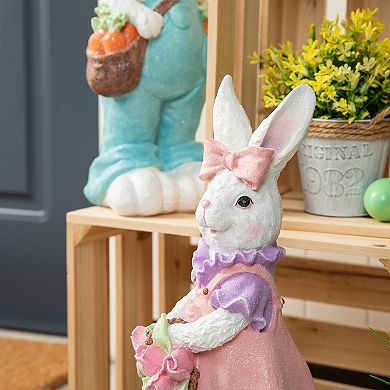 Glitzhome 17.5"H Easter Resin Bunny Girl Table Decor with Flower Basket