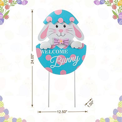 Glitzhome 24"H Easter Metal Bunny Egg Yard Stake with Fancy Hatched Bunny Shape