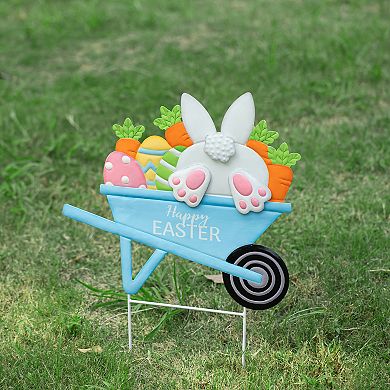 Glitzhome 24"H Handcrafted Easter Classic Metal Wheel Barrow Yard Stake