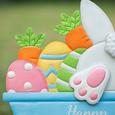 Glitzhome 24"H Handcrafted Easter Classic Metal Wheel Barrow Yard Stake