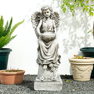 Glitzhome 31.25''H MGO Angel Garden Statue with a Birdbath