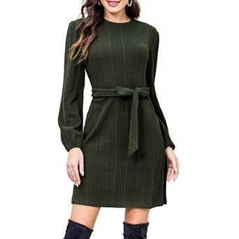 Women's Knitted Dress Elegant Jumper Dress Long Sleeve Mini Dress Round Collar Winter Dress