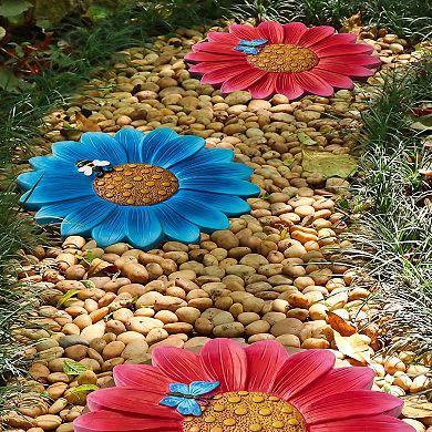 Glitzhome 10"D Set of 2 Cement Flower Style and Textured Stepping Stones