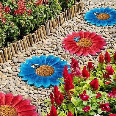 Glitzhome 10"D Set of 2 Cement Flower Style and Textured Stepping Stones
