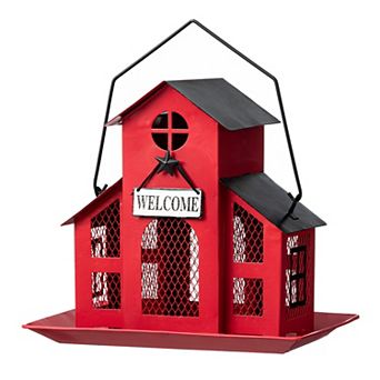 Glitzhome 12"H Classic Barn Design Metal Red House Hanging Birdfeeder