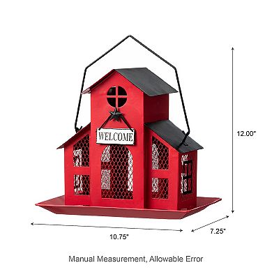 Glitzhome 12"H Classic Barn Design Metal Red House Hanging Birdfeeder