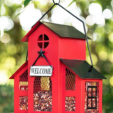 Glitzhome 12"H Classic Barn Design Metal Red House Hanging Birdfeeder