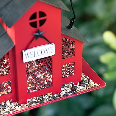 Glitzhome 12"H Classic Barn Design Metal Red House Hanging Birdfeeder
