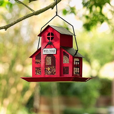 Glitzhome 12"H Classic Barn Design Metal Red House Hanging Birdfeeder