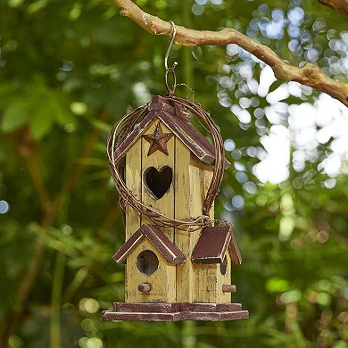 Glitzhome 11.5"H Solid Wood Cottage Decorative Garden Birdhouse with Rattan