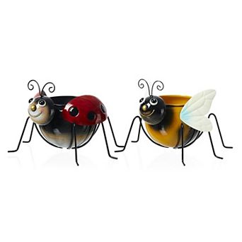 Glitzhome 10"W Set of 2 Metal Bee and Ladybug Metal Staute Planter
