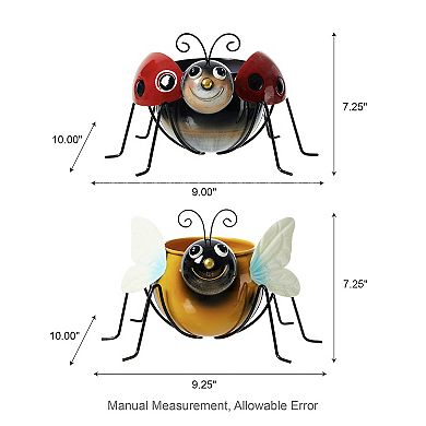 Glitzhome 10"W Set of 2 Metal Bee and Ladybug Metal Staute Planter