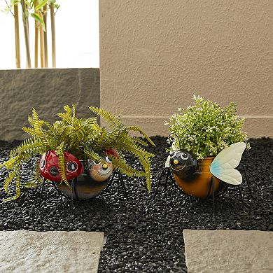 Glitzhome 10"W Set of 2 Metal Bee and Ladybug Metal Staute Planter