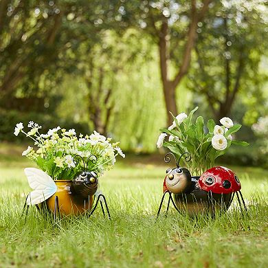 Glitzhome 10"W Set of 2 Metal Bee and Ladybug Metal Staute Planter