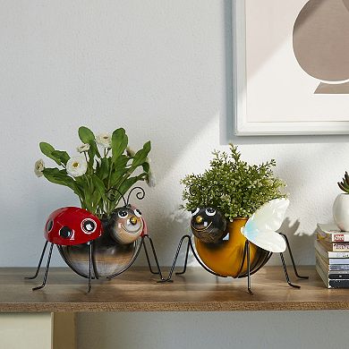 Glitzhome 10"W Set of 2 Metal Bee and Ladybug Metal Staute Planter