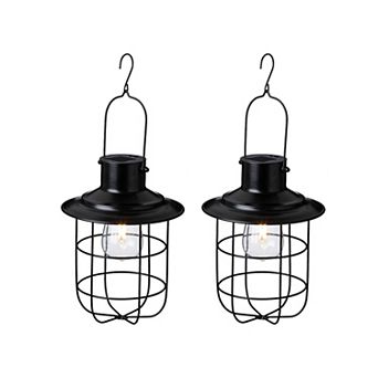 Glitzhome Set of 2 Black Solar Powered Edison Bulb Outdoor Hanging Lantern