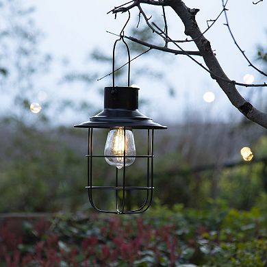 Glitzhome Set of 2 Black Solar Powered Edison Bulb Outdoor Hanging Lantern