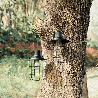 Glitzhome Set of 2 Black Solar Powered Edison Bulb Outdoor Hanging Lantern