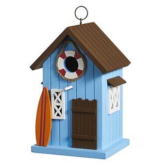 Glitzhome 10"H Solid Wood Blue Beach Hut Decorative Outdoor Garden Birdhouse