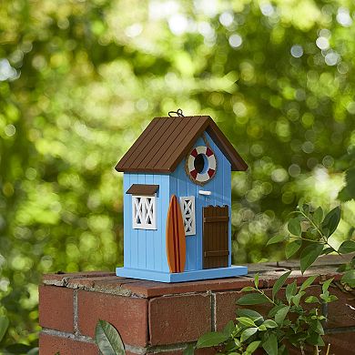 Glitzhome 10"H Solid Wood Blue Beach Hut Decorative Outdoor Garden Birdhouse