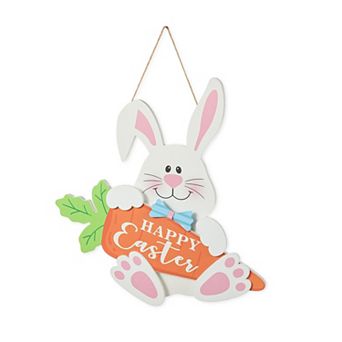 Glitzhome 14"H Happy Easter Adorable Wooden Bunny and Carrot Door Hanger