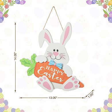 Glitzhome 14"H Happy Easter Adorable Wooden Bunny and Carrot Door Hanger