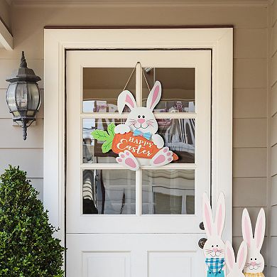 Glitzhome 14"H Happy Easter Adorable Wooden Bunny and Carrot Door Hanger