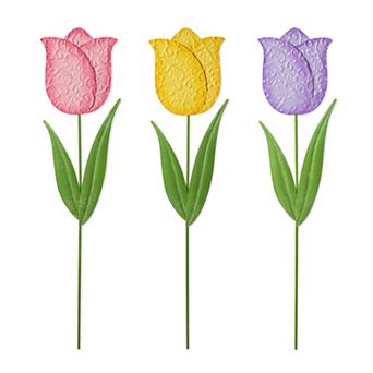 Glitzhome Set of 3 24"H Easter Durable Metal Tulips Yard Stake