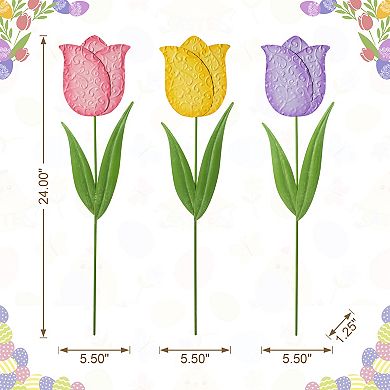 Glitzhome Set of 3 24"H Easter Durable Metal Tulips Yard Stake