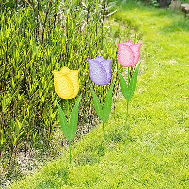 Glitzhome Set of 3 24"H Easter Durable Metal Tulips Yard Stake
