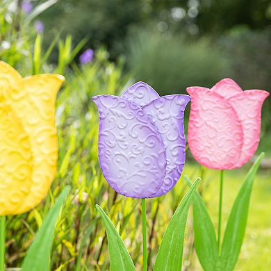 Glitzhome Set of 3 24"H Easter Durable Metal Tulips Yard Stake