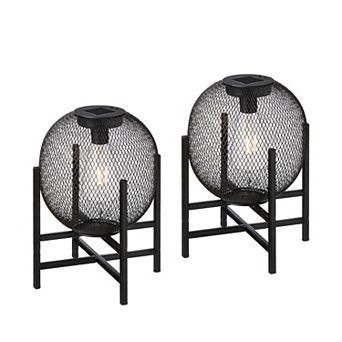 Glitzhome Set of 2 Black Metal Mesh Solar Powered Edison Bulb Outdoor Lantern