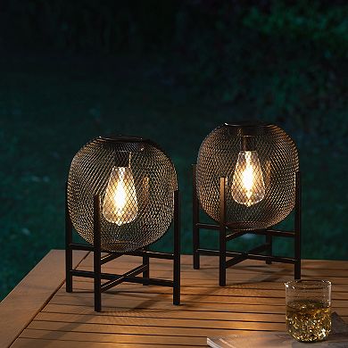 Glitzhome Set of 2 Black Metal Mesh Solar Powered Edison Bulb Outdoor Lantern