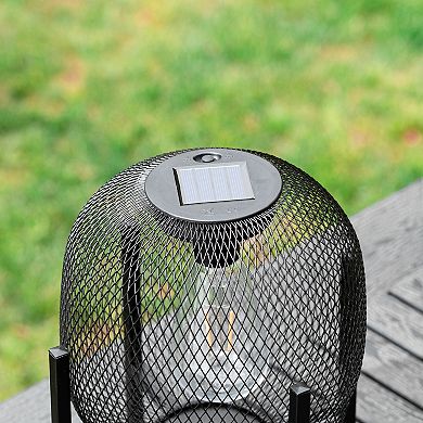 Glitzhome Set of 2 Black Metal Mesh Solar Powered Edison Bulb Outdoor Lantern