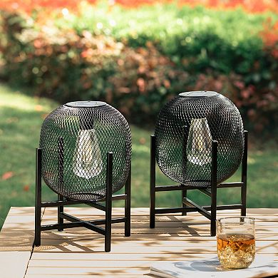 Glitzhome Set of 2 Black Metal Mesh Solar Powered Edison Bulb Outdoor Lantern