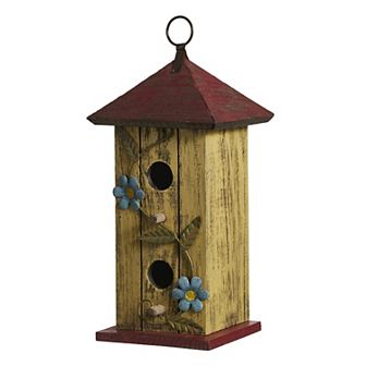 Glitzhome 11.75"H Washed Yellow Distressed Garden Birdhouse with 3D Metal Flower