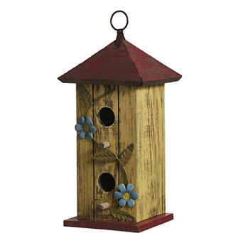 Glitzhome 11.75"H Washed Yellow Distressed Garden Birdhouse with 3D Metal Flower