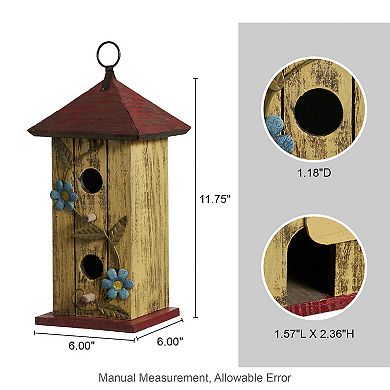 Glitzhome 11.75"H Washed Yellow Distressed Garden Birdhouse with 3D Metal Flower