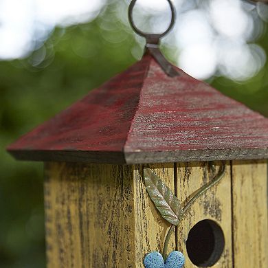 Glitzhome 11.75"H Washed Yellow Distressed Garden Birdhouse with 3D Metal Flower